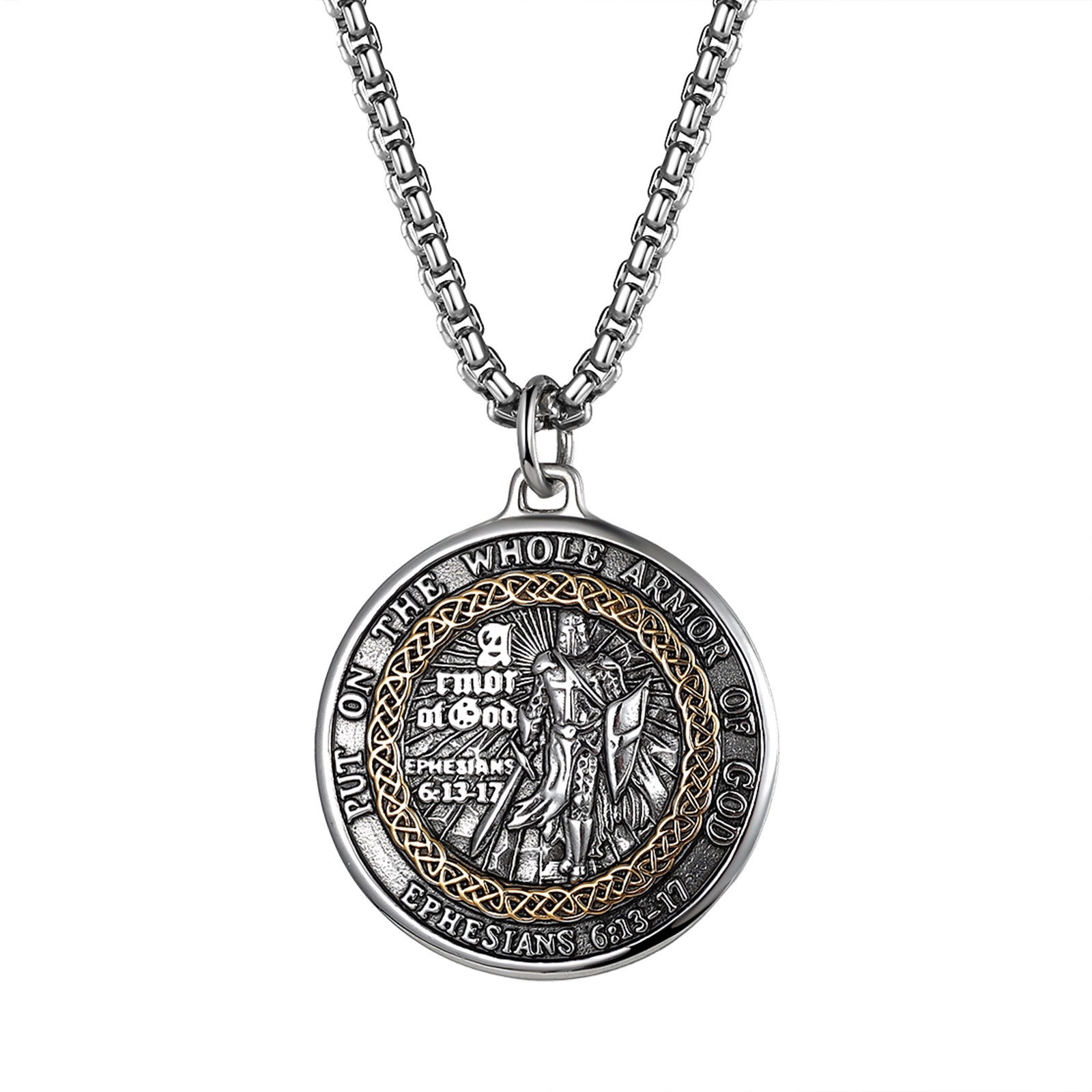 Men’s Round ‘Armor of God’ Pendant Bible Verse Necklace Religious Faith Jewelry