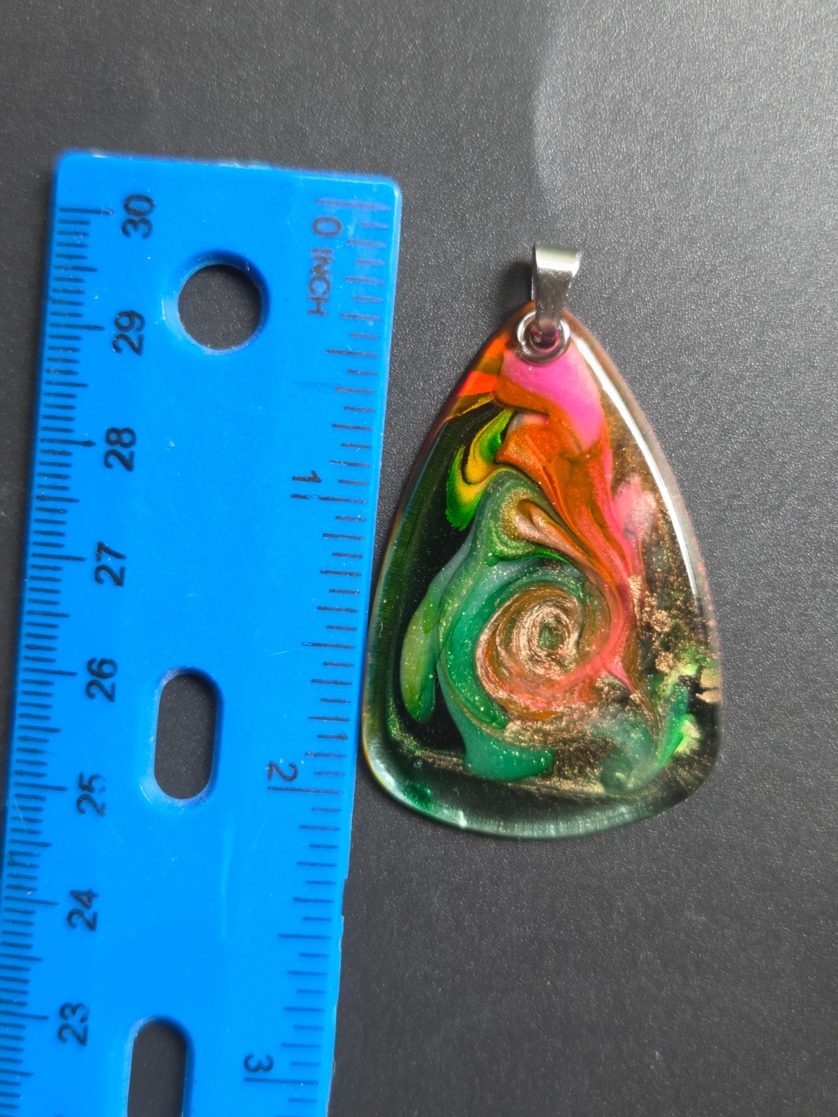 OOAK Green Pink Gold Petri Effect Resin Teardrop Pendant N112