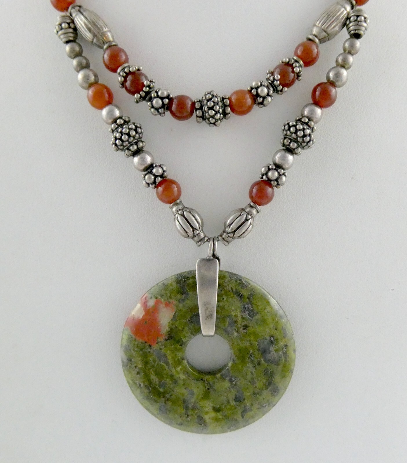 Sterling Silver Unakite Carnelian Double Strand Pendant Necklace 925 44.5g 15 In