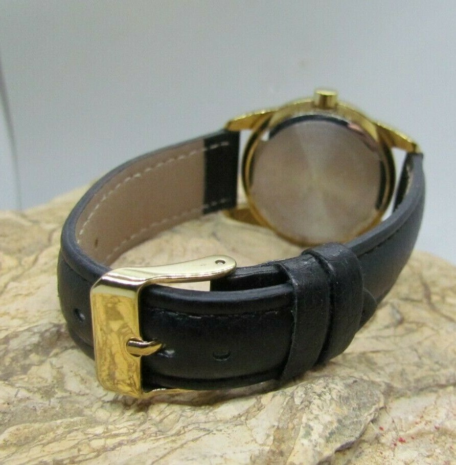 Womens Watch Black & Gold Crystal Accent Round Face Faux Leather Band Gli