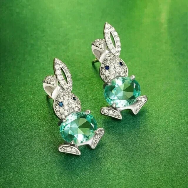 4 Ct Oval Cut Simulated Green Emerald Bunny Stud Earrings 14K White Gold Plated