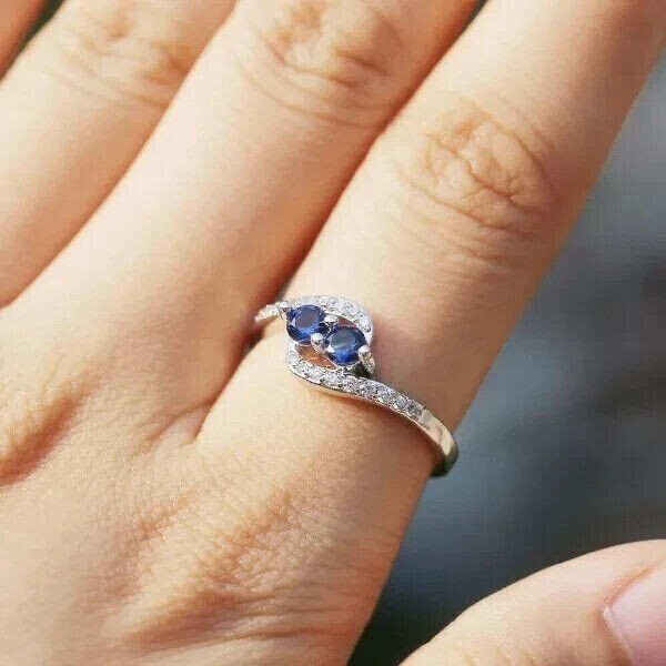 Women’s Stunning Band Ring Round Cut Simulated Sapphire In 14K White Gold Plated