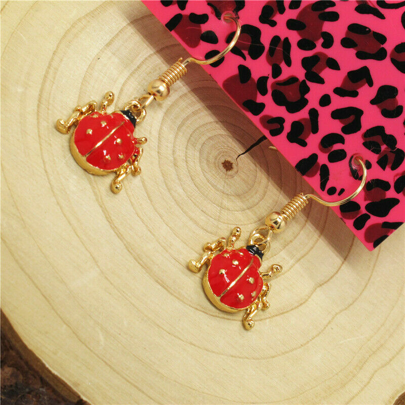 Pretty New Yellow Gold Plated Red & Black Enamel Lady Bug Hook Dangle Earrings