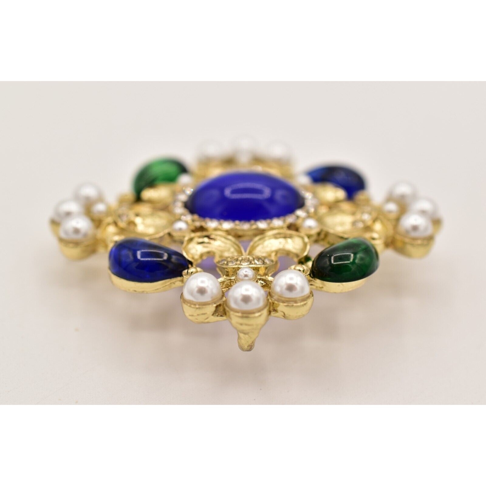 Vintage Cabochon Brooch Pin Faux Pearl White Blue Green Gold Chunky 1990s BinBG