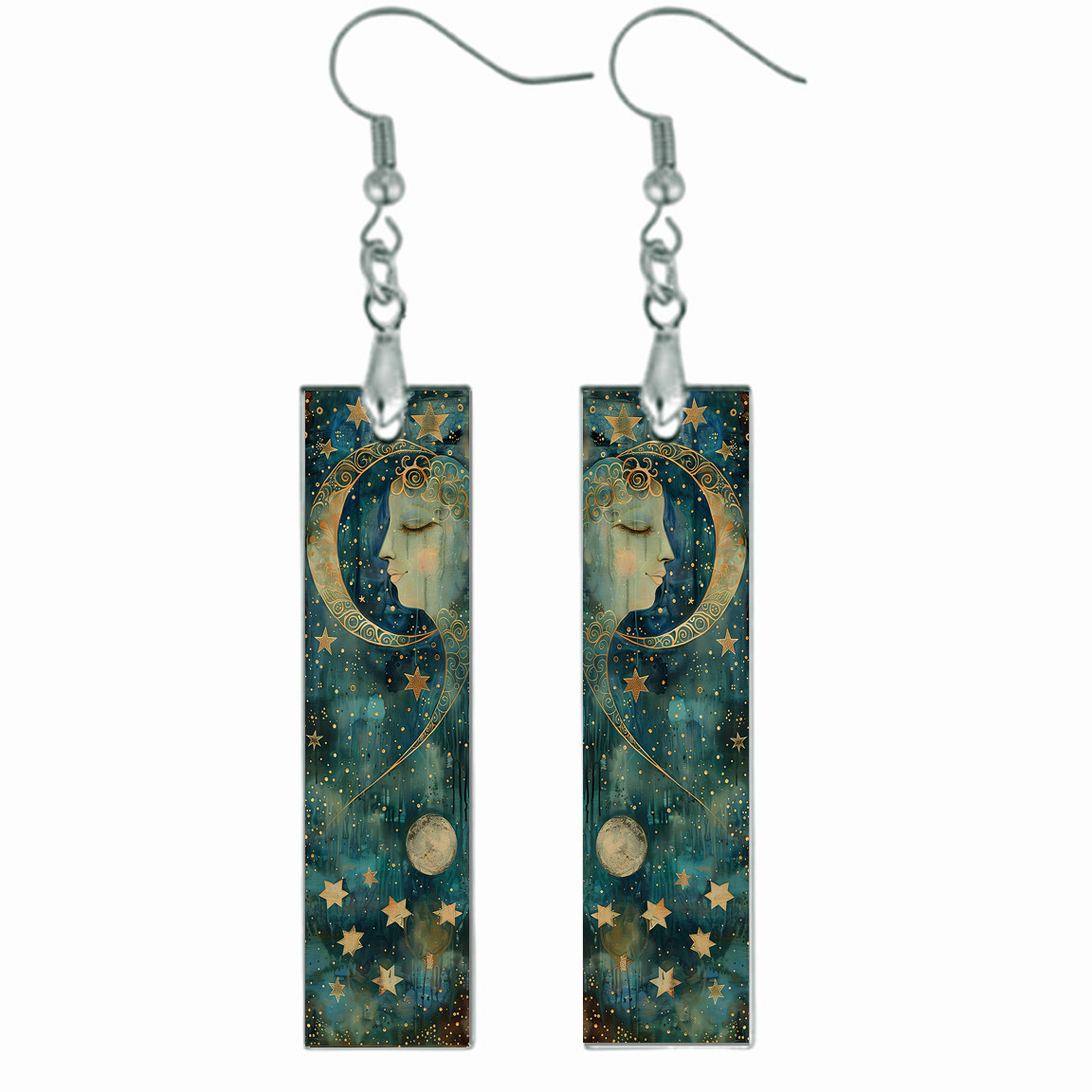 Moon & Starry Sky Celestial Goddess Earrings NO TARNISHING Bar Wood Dangle