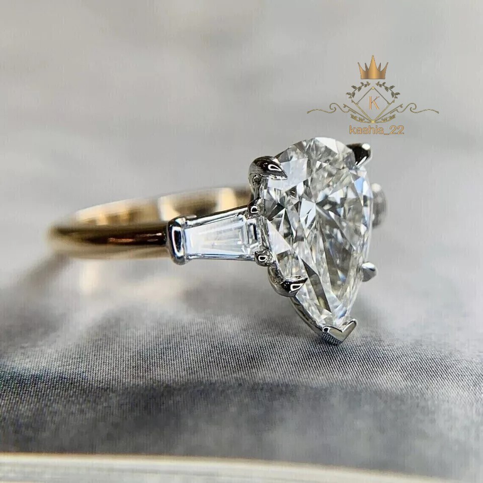 Moissanite Solitaire Engagement Ring Pear Cut 3.50 CT Solid 14K Yellow Gold VVS1