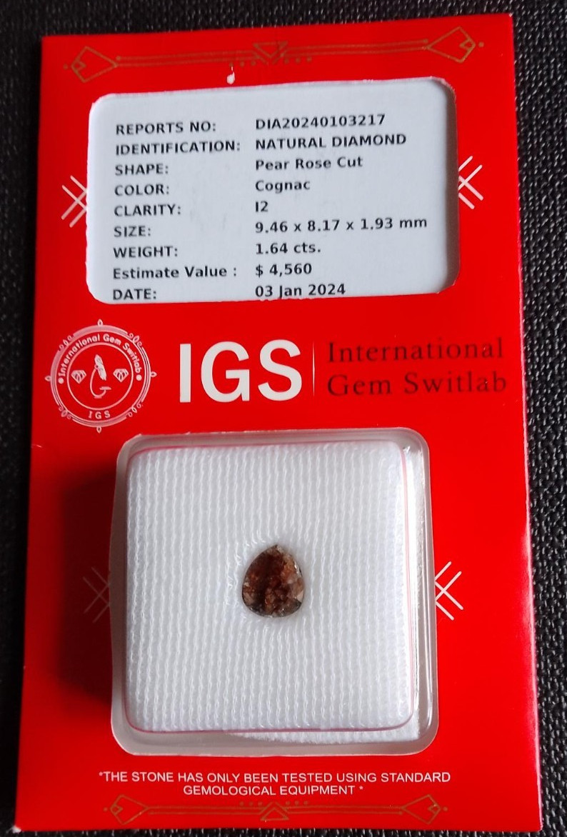 1.64ct Cognac Diamond, NATURAL PEAR ROSE CUT, new/sealed, IGS certified