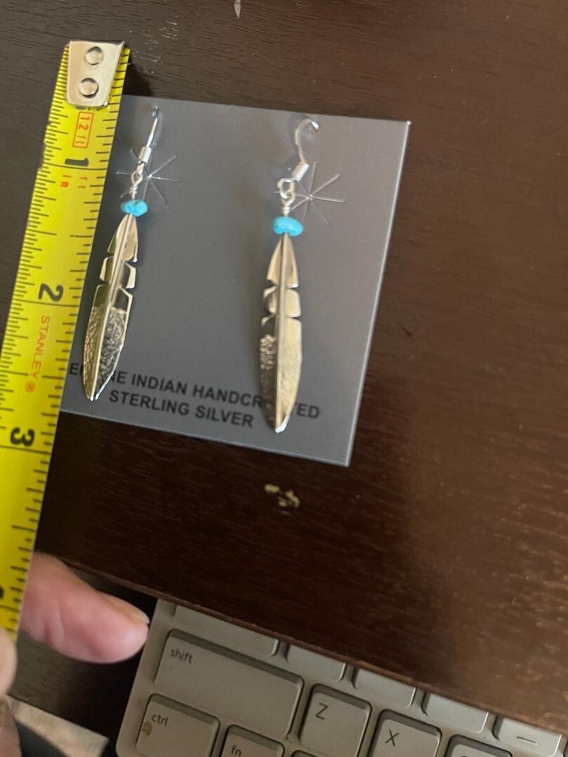 Native American Navajo Indian Sterling Silver Feather Dangle Earrings Turquoise