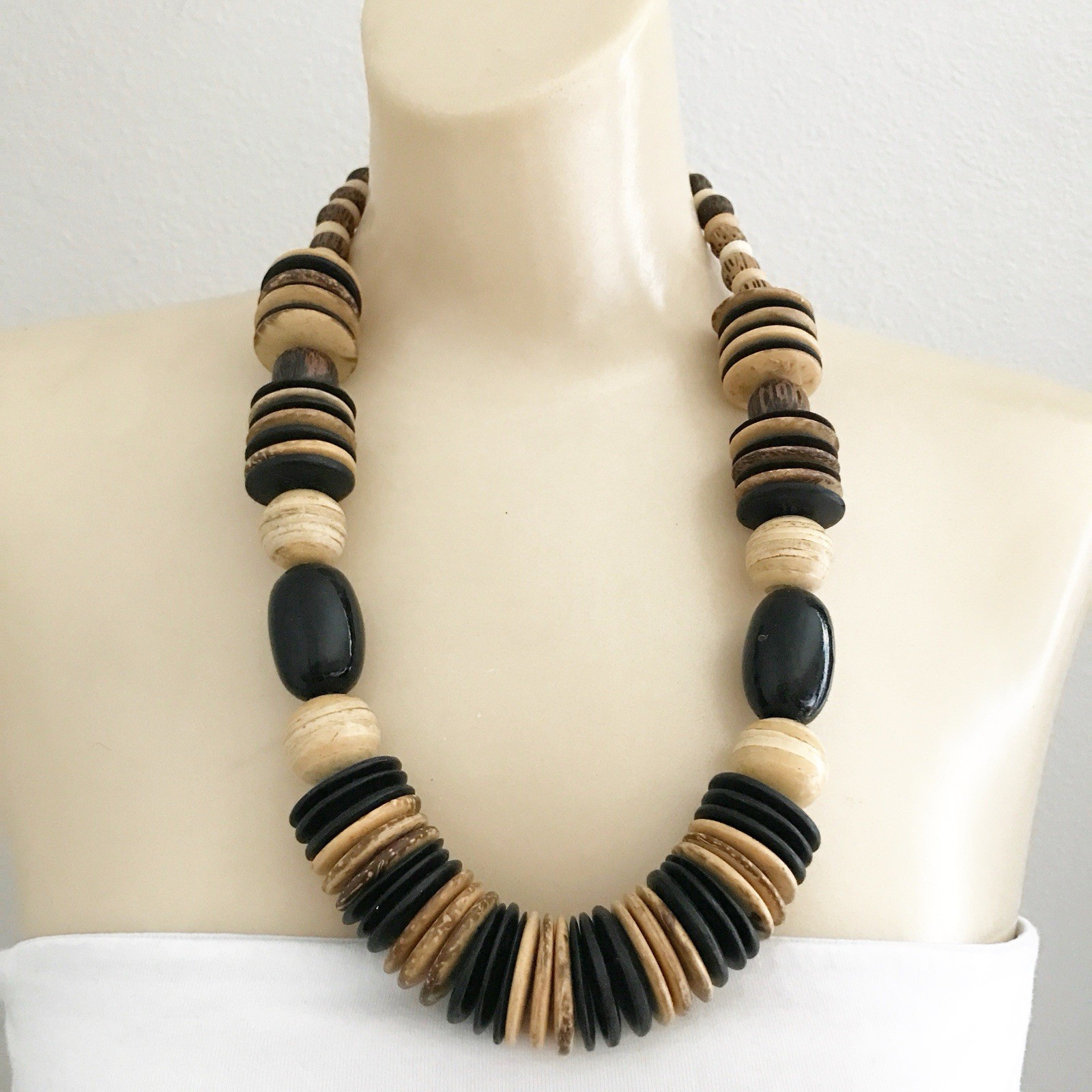Vintage Chunky Long Wood Bead Necklace Boho Statement Earth Tone Jewelry
