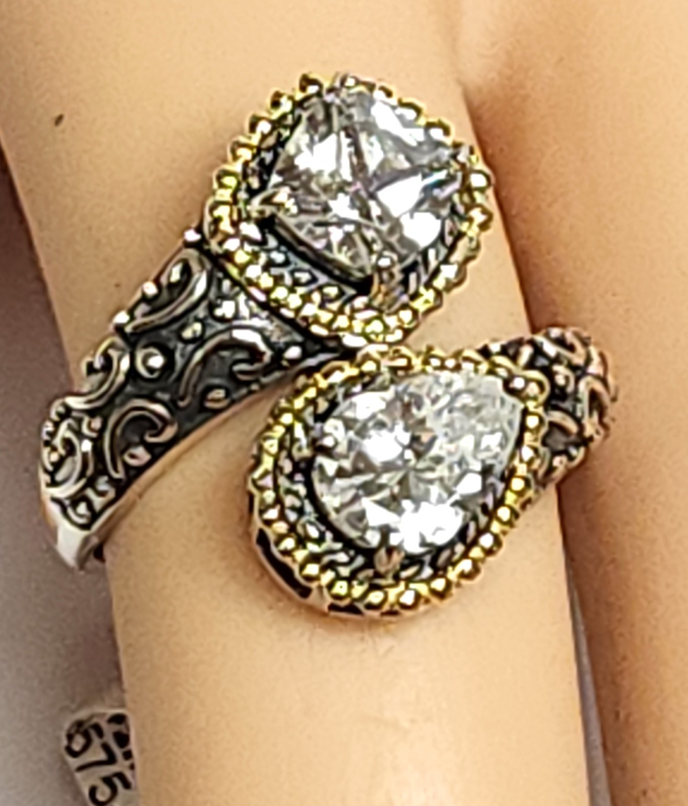 NWT Fuzion Creations White Zircon Sterling Silver Gold Vermeil Bypass Ring 6.5