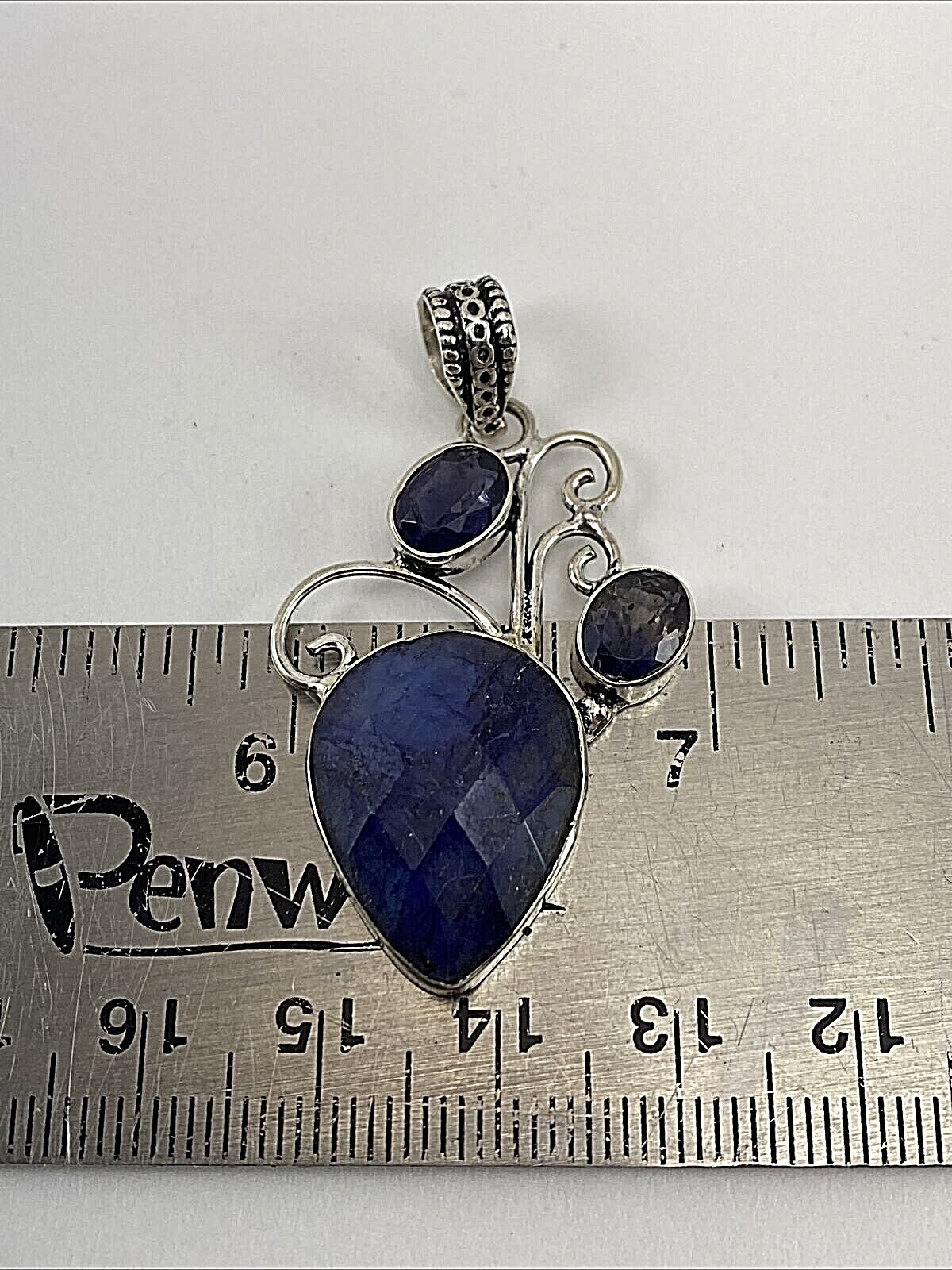 Sterling Silver .925 17mm x 21mm Faceted Pear Sapphire Amethyst Scroll Pendant