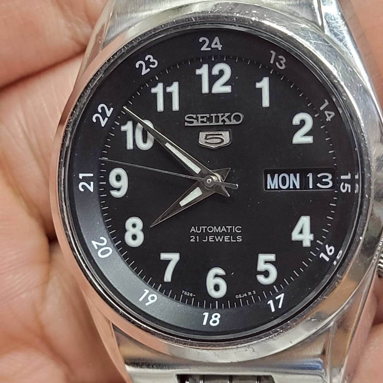 Vintage Seiko 5 Automatic SNK381K1 Military Black Dial Full Lume Numbers Watch