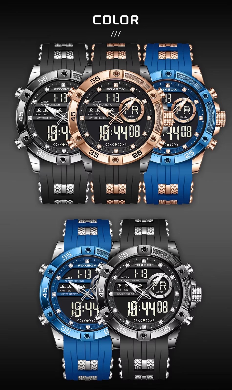 FOXBOX Mens Quartz Luxury Wristwatch Digital Analogue Rose Gold etc.