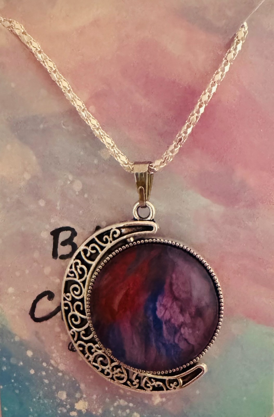 Crescent Moon Rotating Cabochon Pendant One of a kind painted by a local Artist
