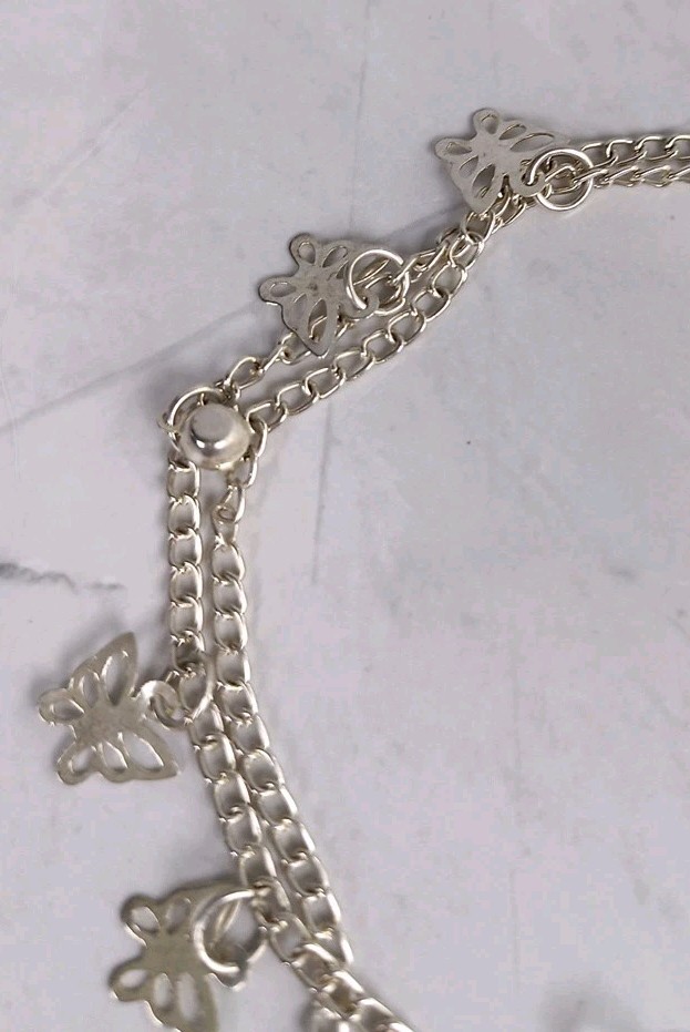 Chain Bracelet 2 Strand Silver Tone Butterfly Charms & Beads 8″+2″ Extender VGC