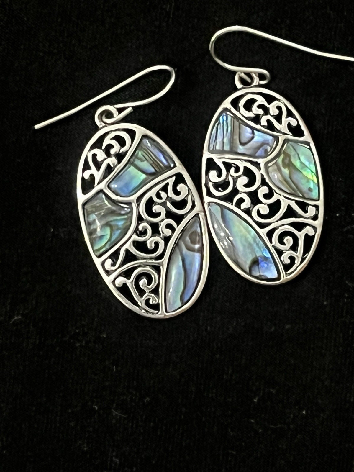 Abalone Shell Heart Pendant Necklace & Earrings Set Silver Tone Filigree 15–19”