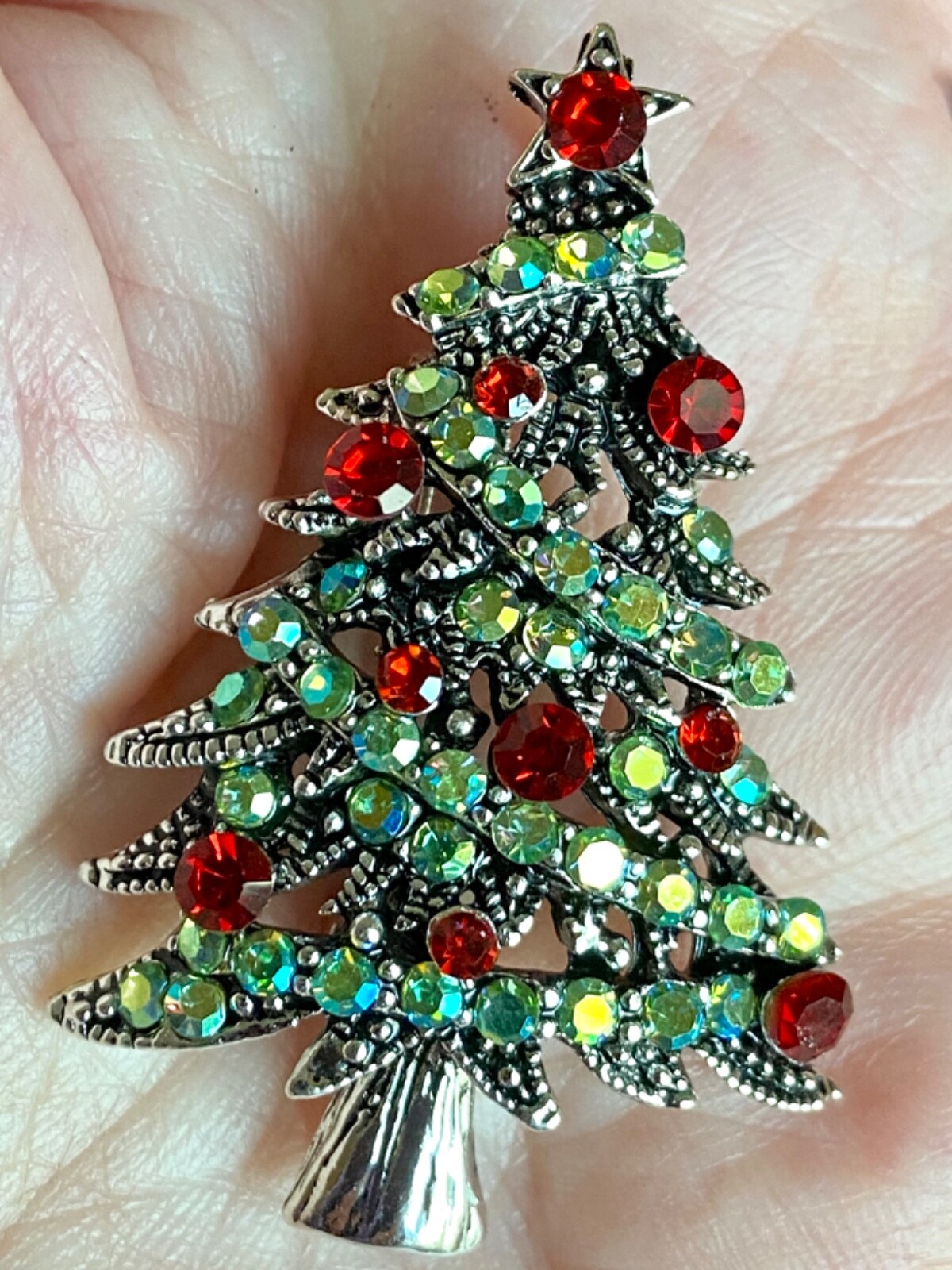 Green AB Rhinestone Christmas Tree Brooch 1.8X1.2 inches