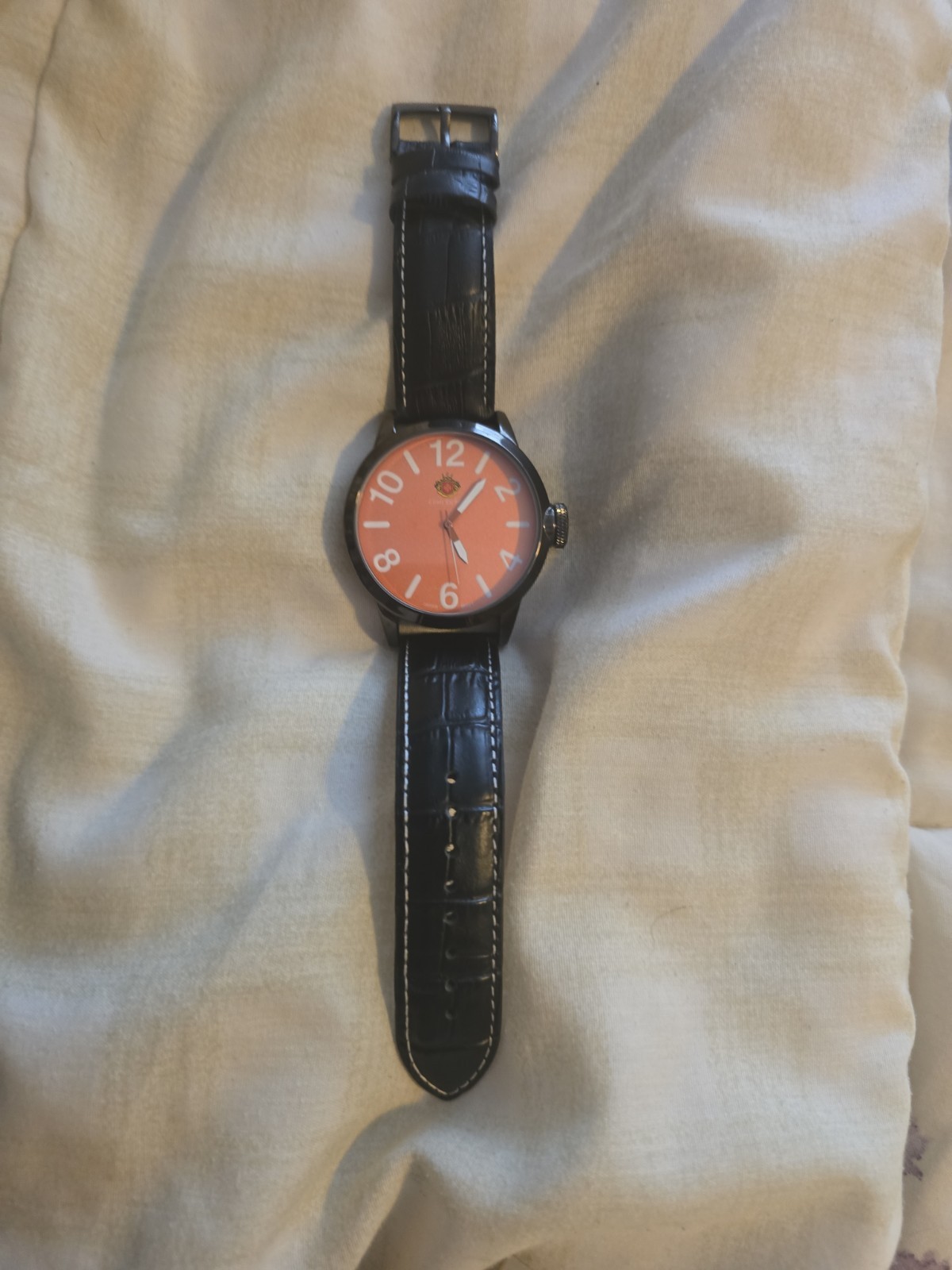 Louis Richard 9821 Dalton White Numerals Orange Dial Case Leather Strap Watch