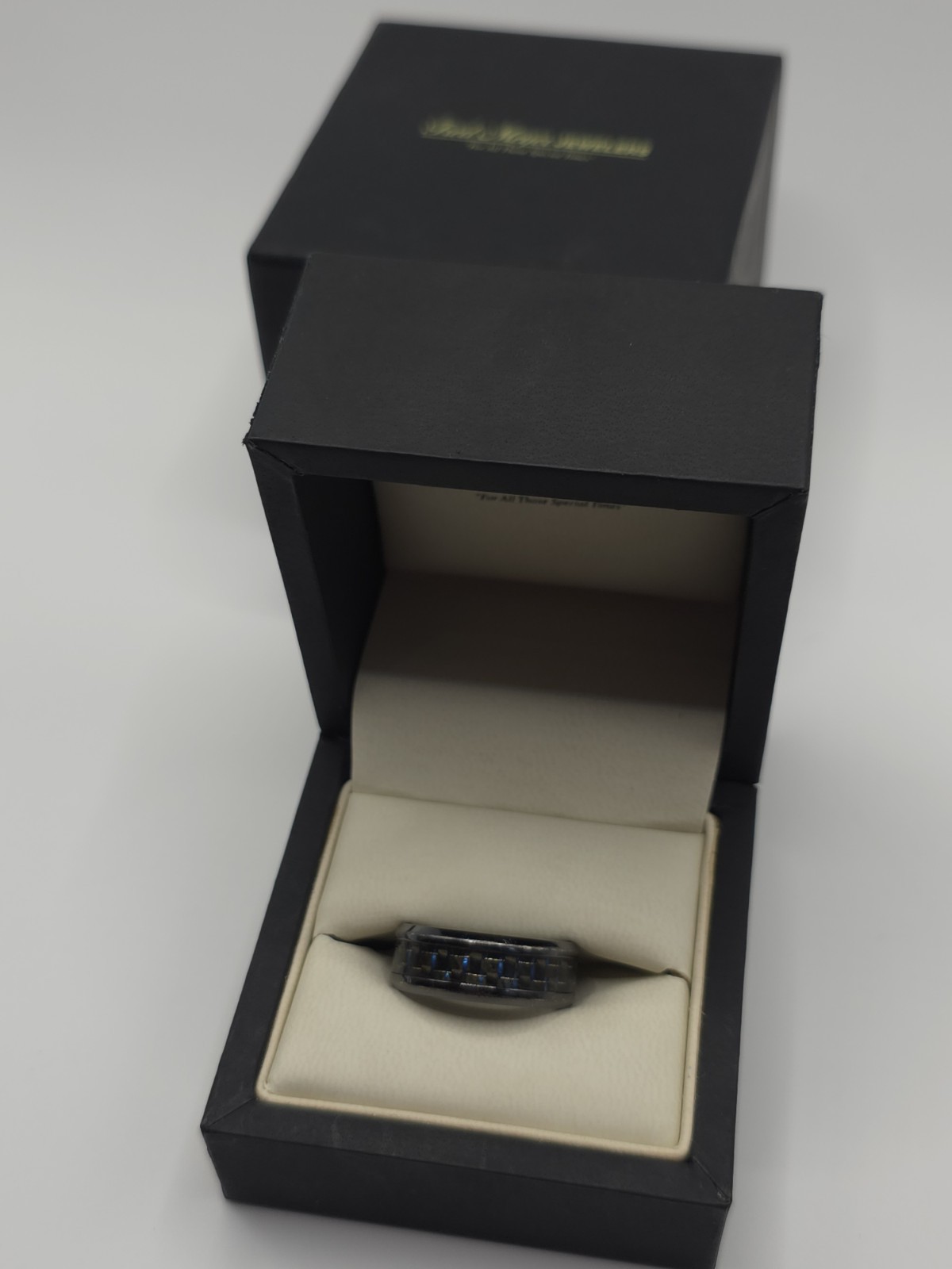 Triton Titanium Wedding Band Ring Approx Size 11 8mm Carbon Fiber Blue Inlay Box