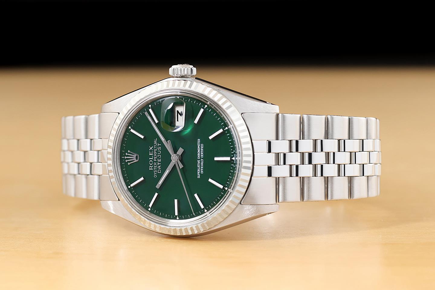 ROLEX MENS DATEJUST 18K GOLD STEEL GREEN DIAL WATCH w/ FOLDED JUBILEE BRACELET
