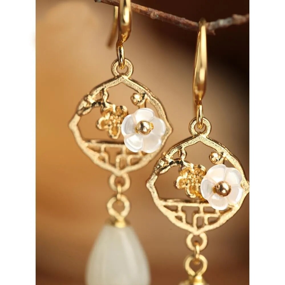 Natural Hetian Jade Retro Hollow Earrings White Jade Retro Long Earrings Jewelry