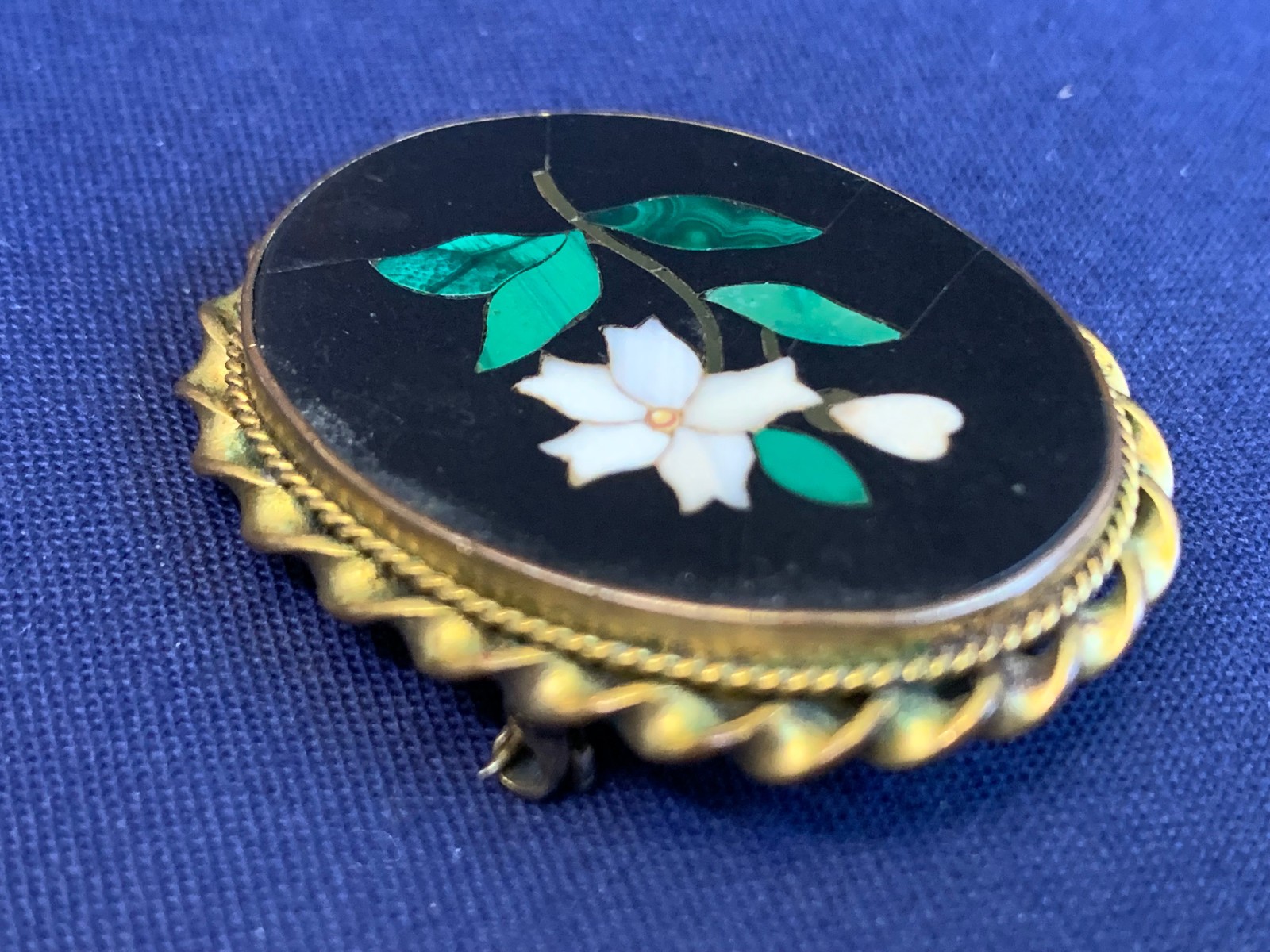 Antique Pietra Dura Brooch Costume Jewelry White Flower Floral Stone Inlay Pin