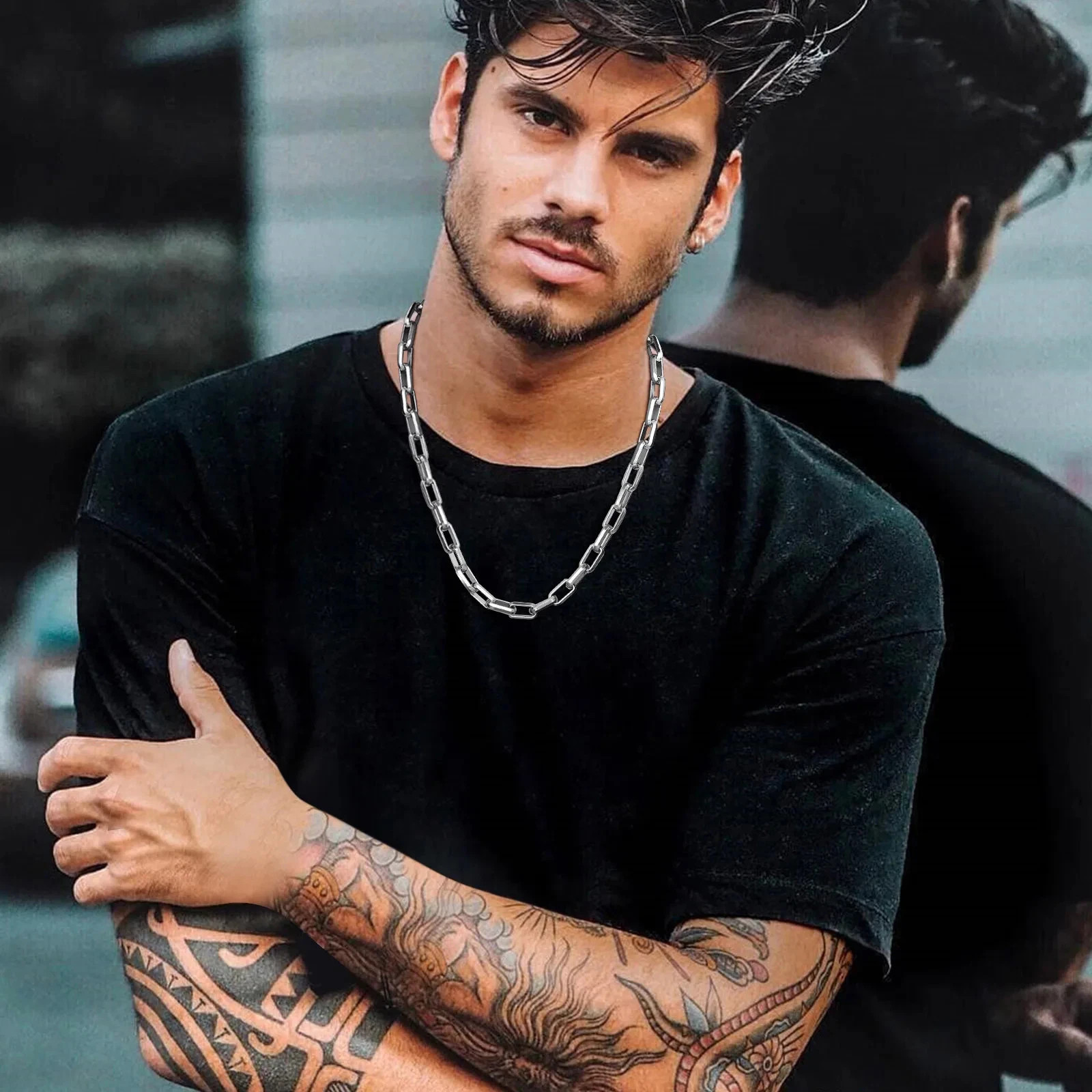 Stainless Steel Chain Necklace Rectangle Square Link Punk Collar Men Jewelry