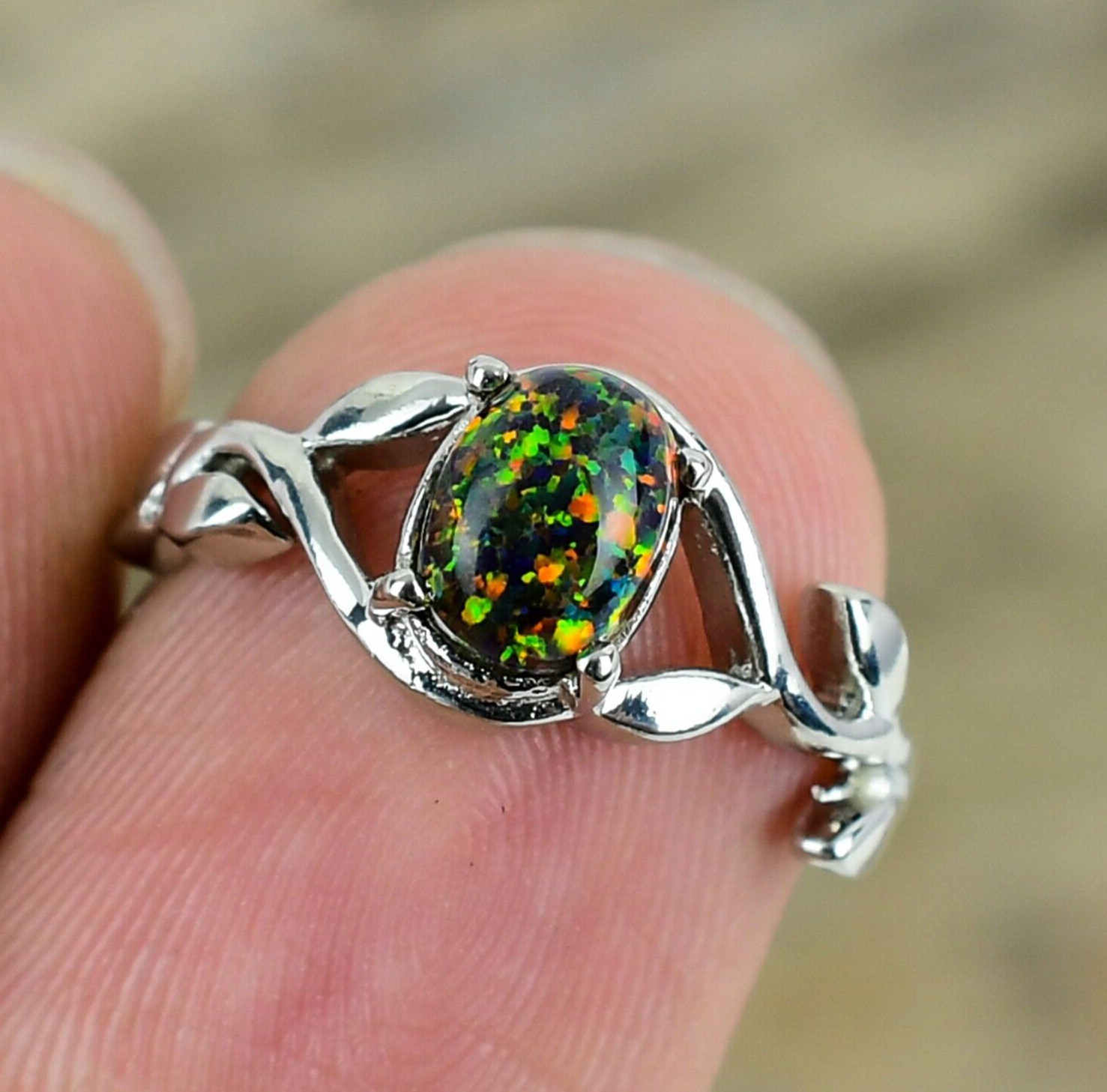 Natural Black Opal Ring, Solid 925 Sterling Silver Ring, Designer Dainty Ring
