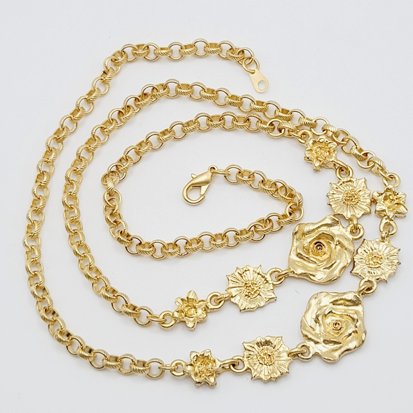 Unique Rose Floral Station Style Bright Gold Tone Sautoir Vintage Necklace Korea