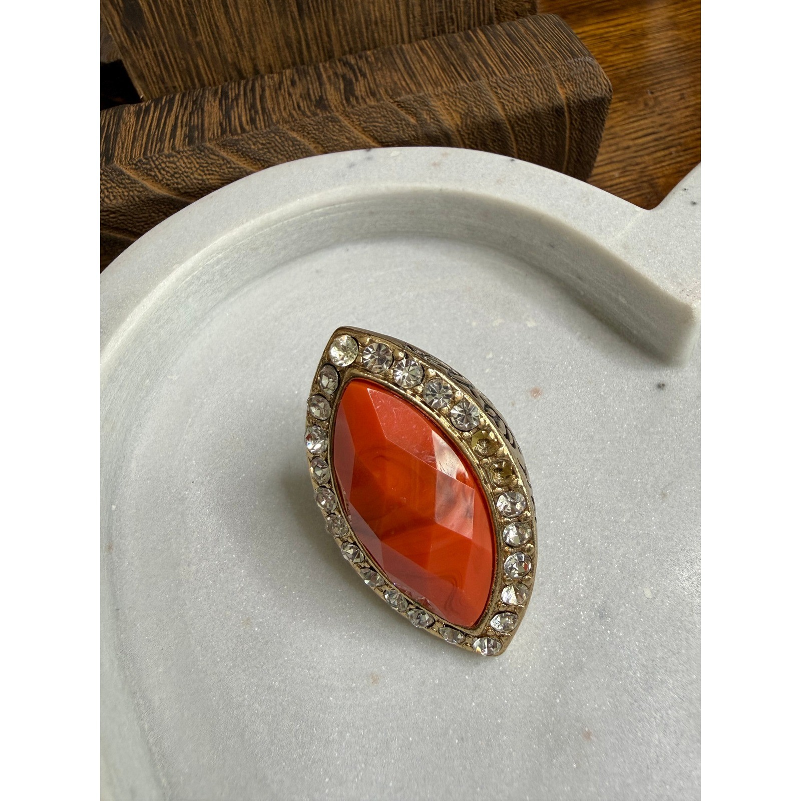 Gold Tone Orange Marquise Resin Rhinestone Leaf Engraved Statement Ring Size 7.5