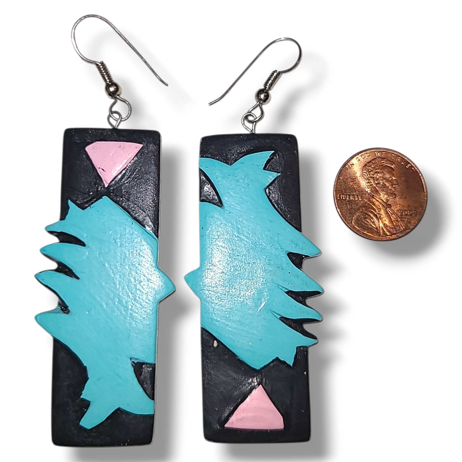 Vintage ’80s ’90s Black Pink Blue Geometric Painted Wood Dangle Earrings
