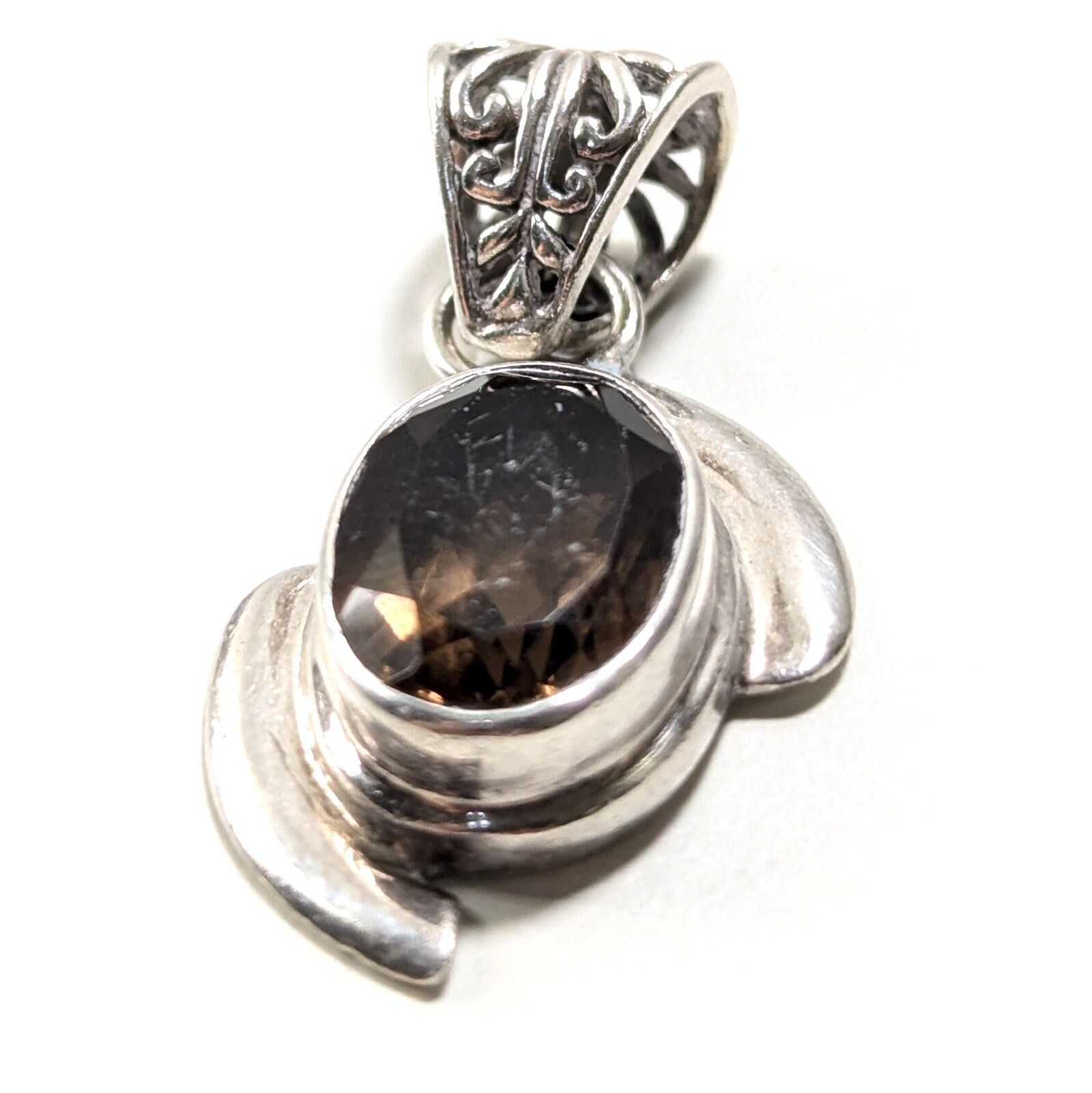 Sterling Silver 925 FNA Smoky Quartz Vintage Style Gemstone Pendant Charm 5.7gr