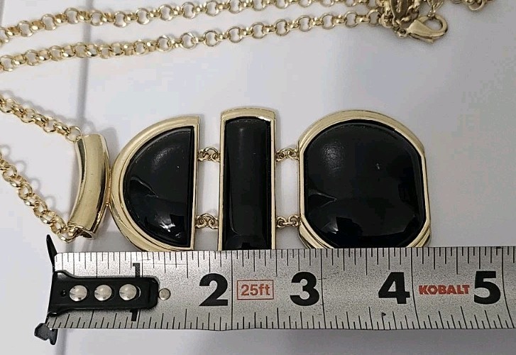 Chicos Gold Black Enamel Statement Necklace Geometric Bib Pendant Rolo Chain 24″