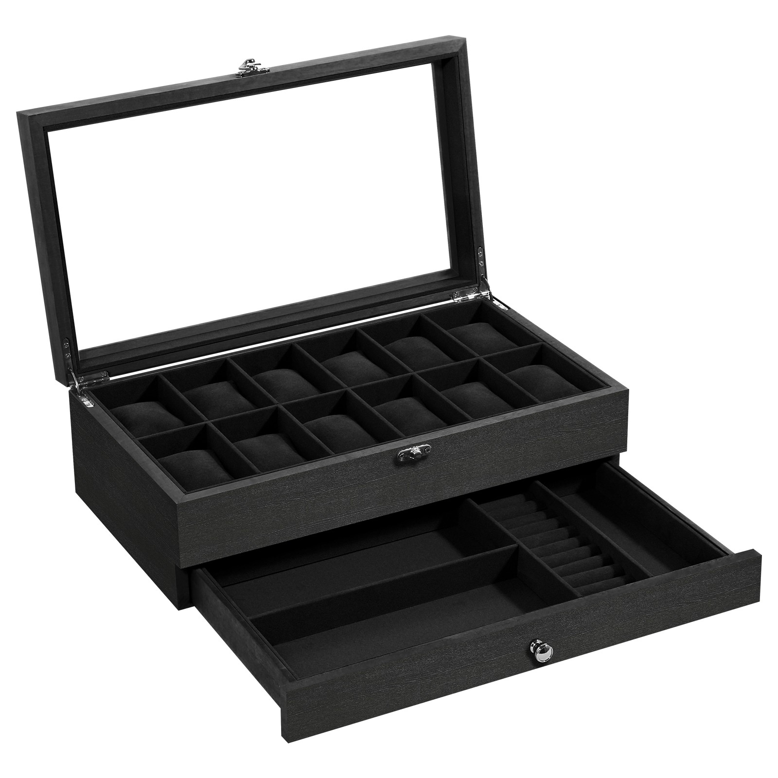 12 Slots Watch Box Organizer Solid Wood Glass Lid Watch Case Jewelry Display Box