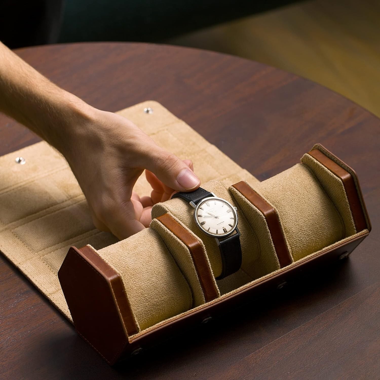 Prism Genuine Full Grain Leather Watch Case – 3 Watch Roll Travel Case