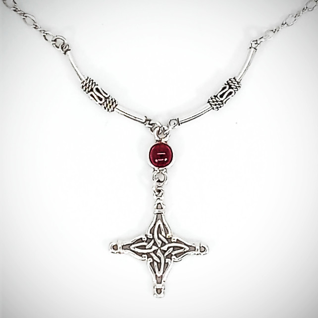 Vintage 925 Sterling Silver Garnet Celtic Quaternary Cross Wiccan Necklace