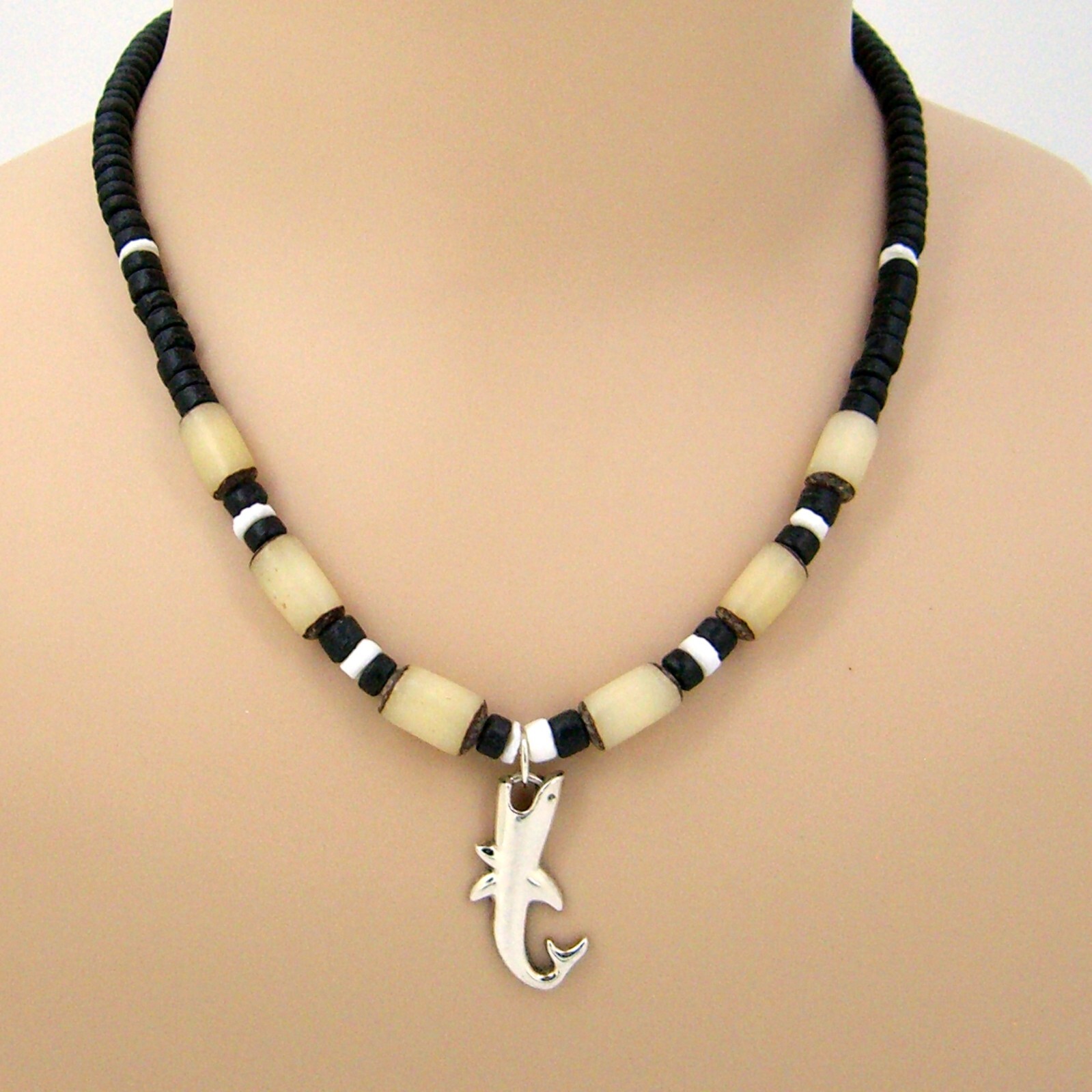 Silver Shark Necklace 18″ 21″ 24″ Coconut Beads, Puka Sea Shell, Buri 7027-76