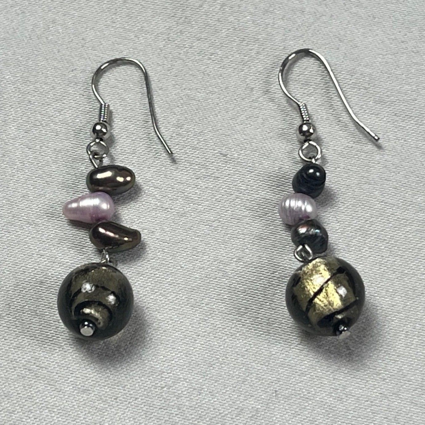 Handmade Freshwater Pearl & Gold Foil Lampwork Glass Drop Earrings Bronze Mauve