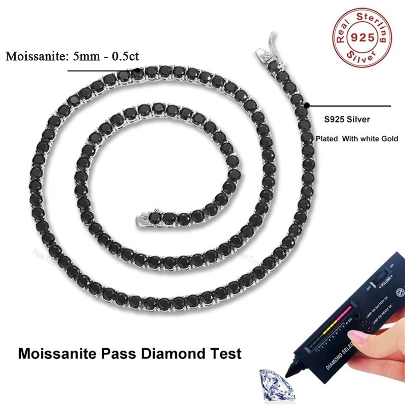 5mm D VVS1 Black Moissanite Tennis Chain Necklace Hip Hop 18K White Gold Plated