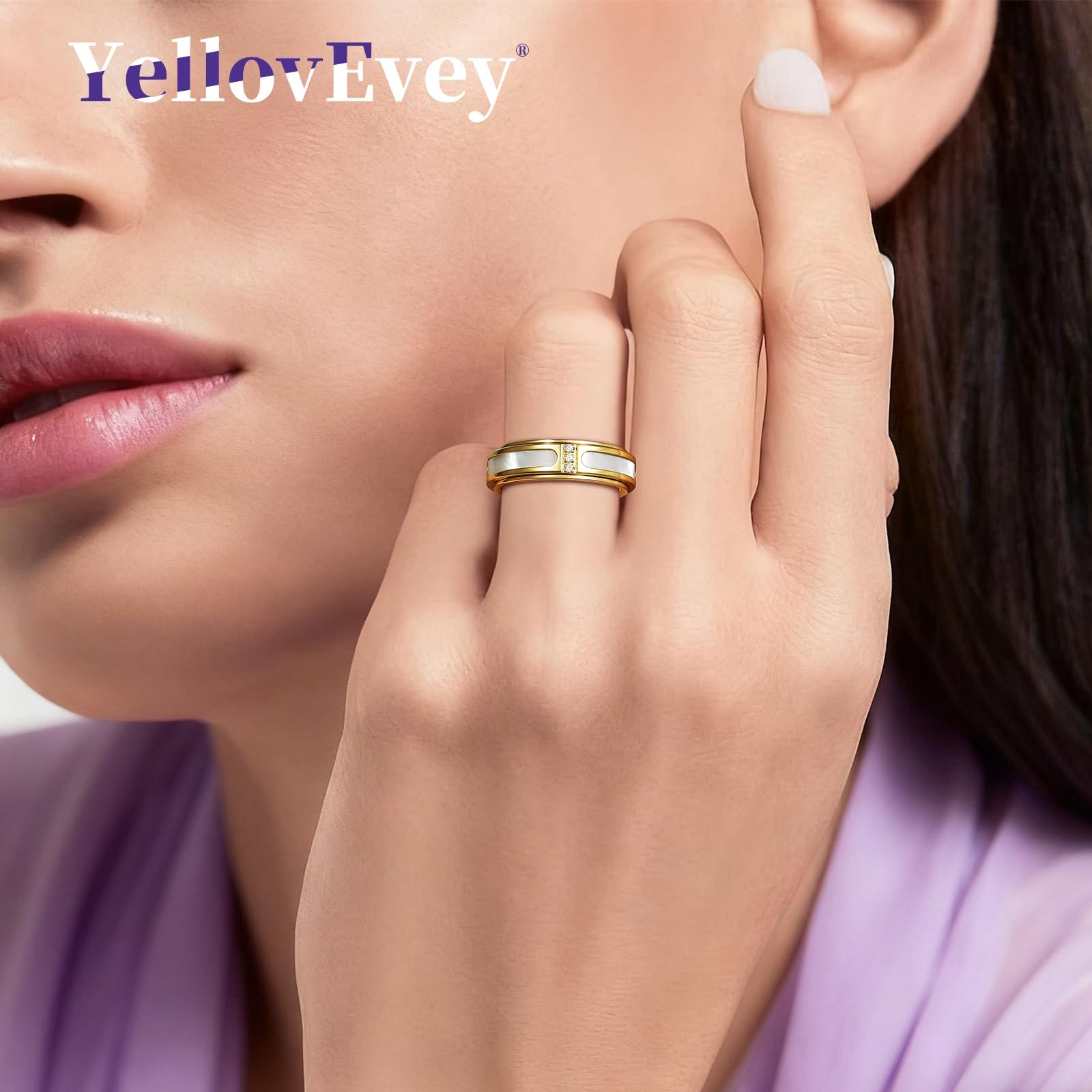 Fidget Spinner Ring for Women:18K Gold Plated Stainless Steel with Mother of …