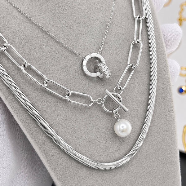 Stainless Steel Double Circle CZ Necklace Waterproof Hypoallergenic 43+5cm