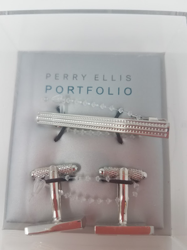 Perry Ellis Men’s Golden Beam Cuff Links & Tie Bar Set, Silver w/gold (orig $45)