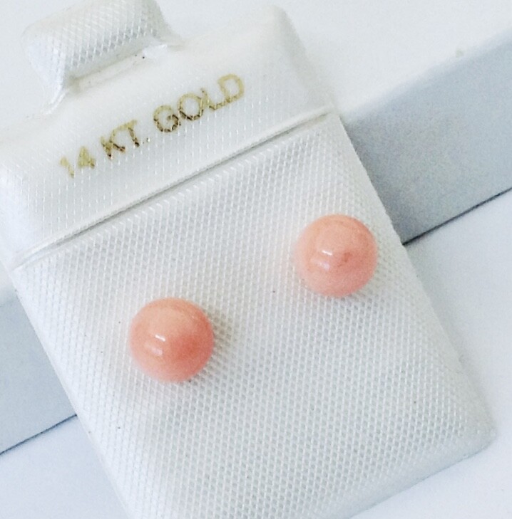 Small Natural Angel Skin Coral 5.4 – 6 mm Ball Solid 14K Gold Stud Earrings NEW