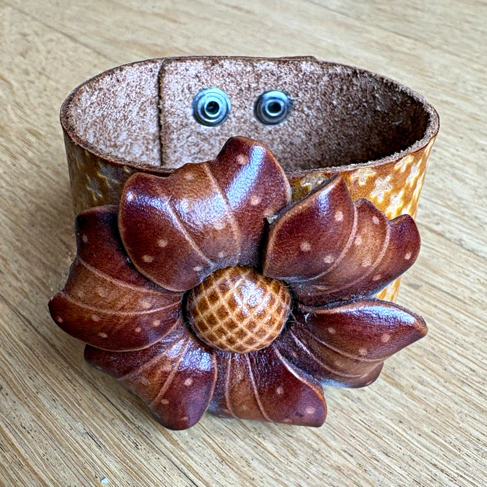 Brown Leather Adjustable Cuff Bracelet Snap Closure Flower Detail. 8.25in Length