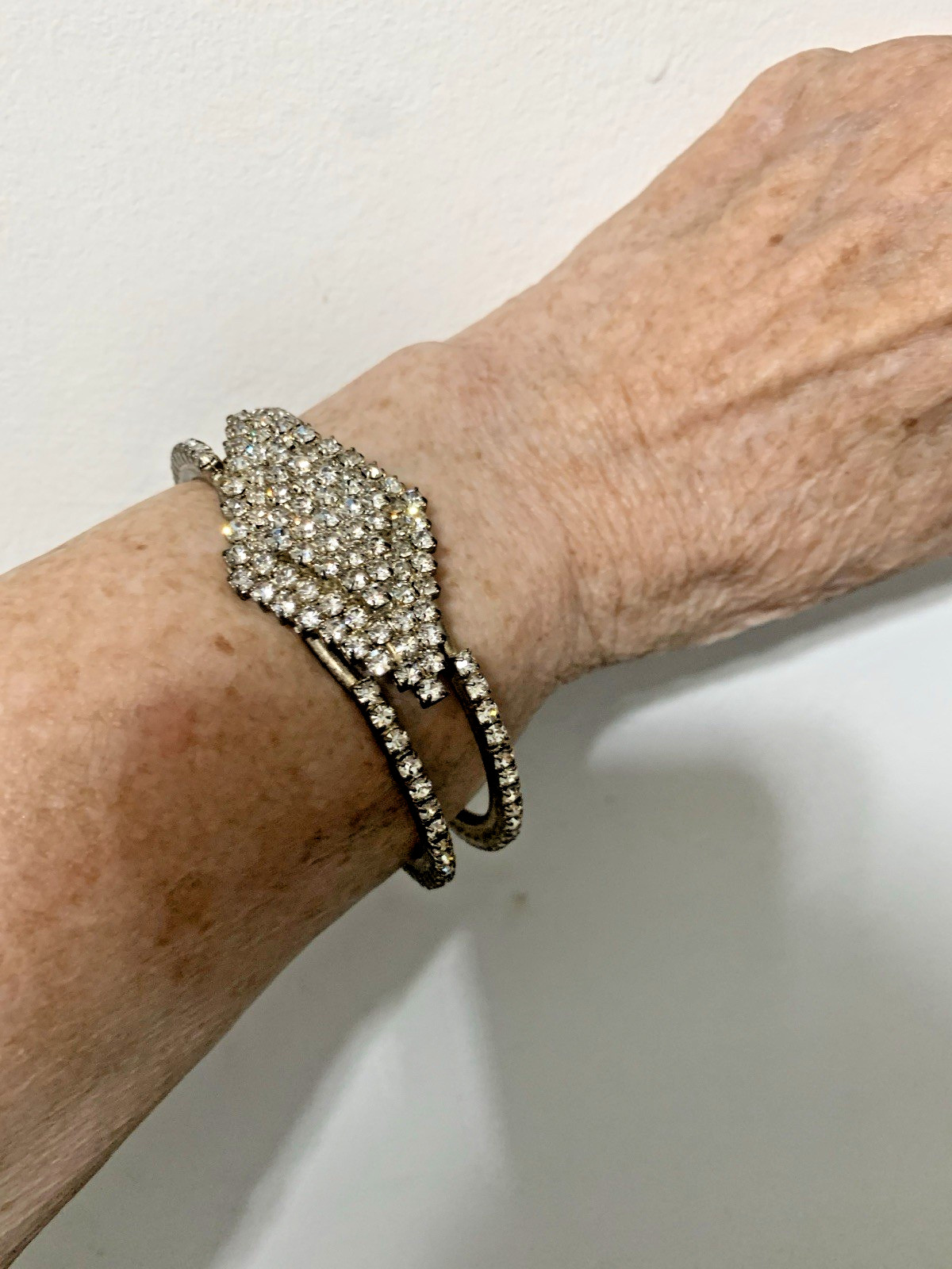 Vintage Encrusted Prong Set Rhinestones,Bangle Bracelet,Silver-tone & Hinged, 8”