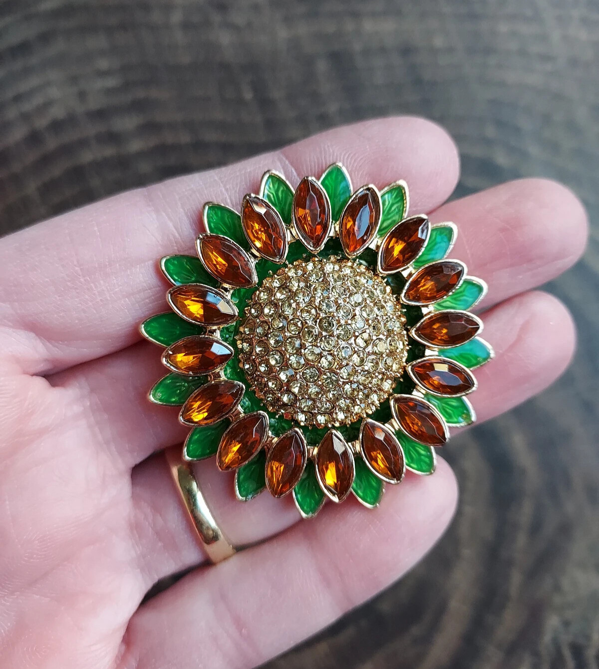 Heirloom Sunflower metal and crystal MAGNETIC brooch. Sunflower pin free clasp