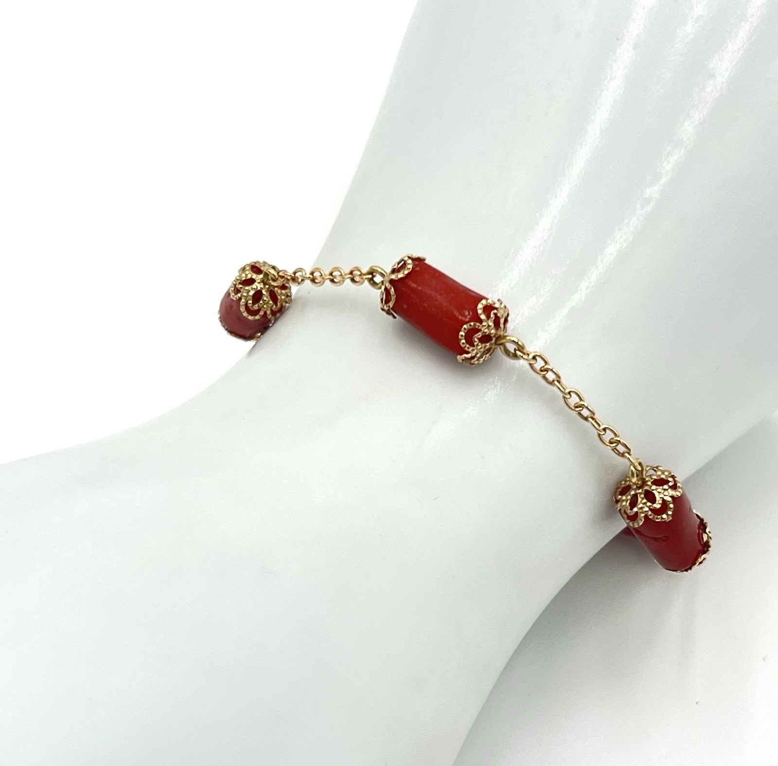 Handmade 14kt Gold Barrel Mediterranean Red Coral Bracelet
