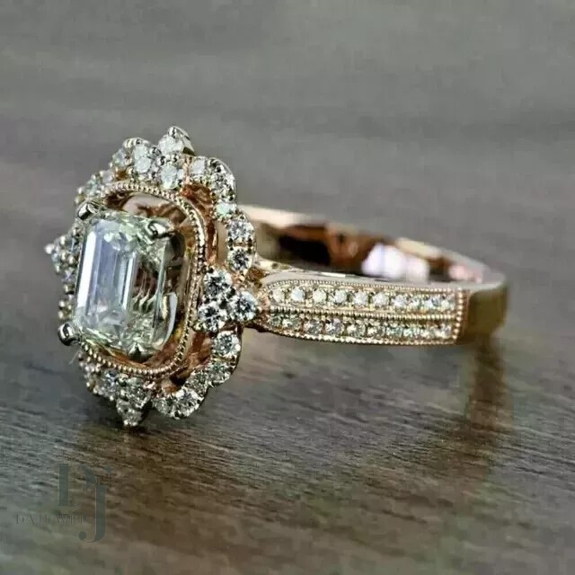 2.70 CT Emerald Cut VVS1 Moissanite Vintage Engagement Ring Solid 14K Rose Gold