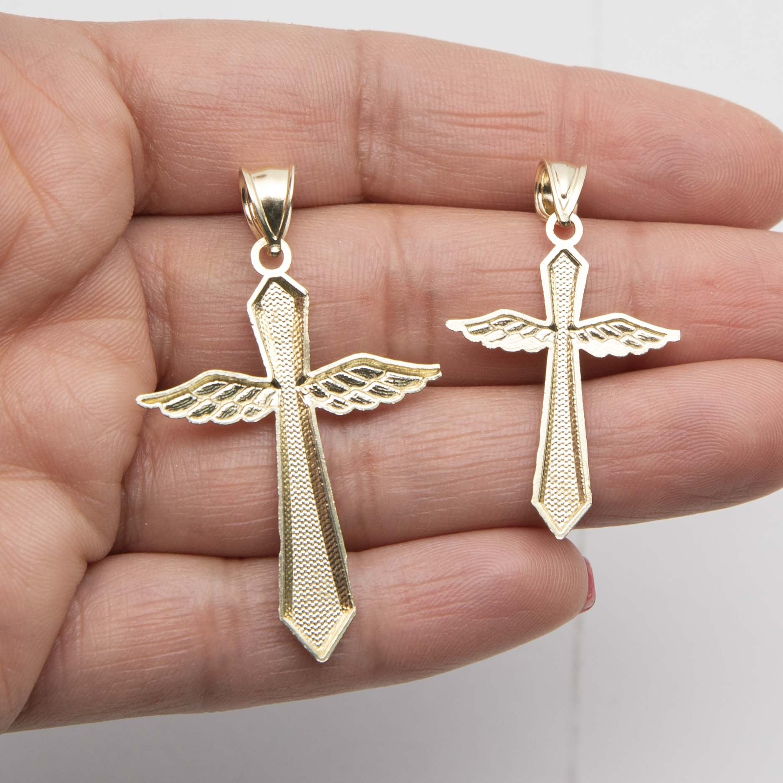 Diamond-Cut Angel Wings Cross Pendant Solid Real 10K Yellow Gold All Sizes