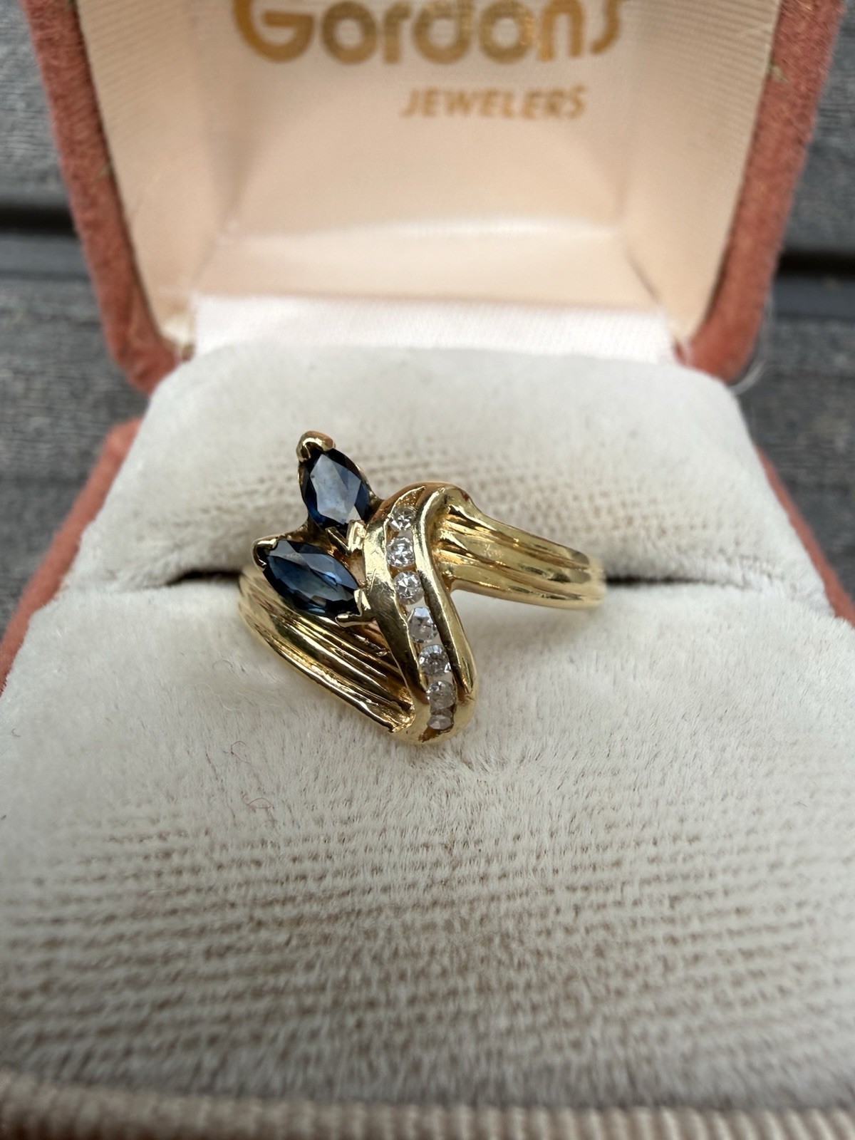 Vintage 14k Yellow Gold Channel Diamond And Marquise Sapphire Bypass Ring Sz4.5